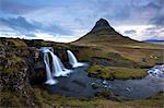 Mountain river with Kirkjufell (Church Mountain) in background, Grundafjordur, Snaefellsnes Peninsula, Iceland, Polar Regions