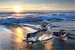 Pieces of glacier ice washed up on black volcanic sand beach at sunrise, near Jokulsarlon Glacial Lagoon, South Iceland, Polar Regions