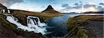 Panoramic view of Kirkjufell (Church Mountain) and mountain stream, Grundafjordur, Snaefellsnes Peninsula, Iceland, Polar Regions