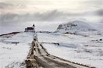 Isolated church (Ingjaldscholskirkja) in winter near Rif on the Snaefellsnes Peninsula, Iceland, Polar Regions