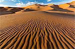 Wide angle view of the ripples and dunes of the Erg Chebbi Sand sea, part of the Sahara Desert near Merzouga, Morocco, North Africa, Africa