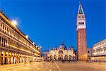 Campanile tower, Piazza San Marco (St. Marks Square) and Basilica di San Marco, at night, Venice, UNESCO World Heritage Site, Veneto, Italy, Europe