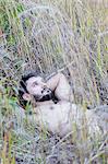 Bare chested man lying in long grass gazing up