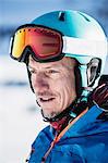 Portrait of skier, outdoors, close-up