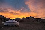 Scenic view of yurts in Altai Mountains at sunrise, Khovd, Mongolia
