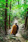 Rear view of Buddhist monk with shaved head wearing black and yellow robe walking down a forest path.