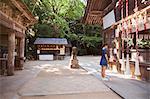 Young woman wearing blue dress standing at Shinto Sakurai Shrine, Fukuoka, Japan.