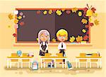 Stock vector illustration back to school cartoon two characters schoolboy and schoolgirl standing alone in empty classroom at staple with textbooks pupils near blackboard flat style autumn background.
