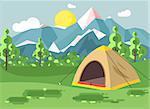 Stock vector illustration cartoon nature national park landscape with lonely tent camping hiking rules of survival bushes, lawn, trees, daytime sunny day, outdoor background of mountains in flat style