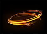 Vector gold circle light tracing effect. Glowing magic fire ring trace. Glitter sparkle swirl trail effect on black background. Bokeh glitter round ellipse line