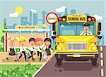 Stock vector illustration back to school cartoon characters schoolboy schoolgirls pupils apprentices cute cheerful children at bus stop go board school bus with driver on city background in flat style.