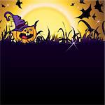 Halloween Party Illustration with Pumpkin in the Grass, Bats, Ghost, Moon and place for your text