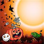 Halloween Party Illustration with Pumpkin in the Grass, Bats, Ghost and Moon