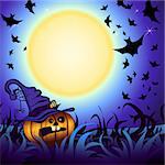 Halloween Party Illustration with Pumpkin in the Grass, Bats and Moon