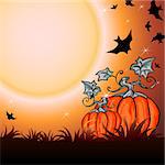 Halloween Party Illustration with Pumpkin in the Grass, Bats and Moon