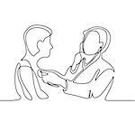 Doctor with stethoscope treat patient man. Continuous line drawing. Vector illustration on white background