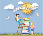 Back to school 1 september card with kids, books and sun on blue sky background. Vector illustration. Paper cut and craft style.