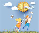 Back to school card with kids, leaves and sun on blue sky background. Vector illustration. Paper cut and craft style.