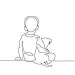 Boy hug dog. Continuous line drawing. Vector illustration