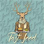 Fast food vector concept. Illustration of deer with burger and French fries