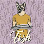 Vector cat with fresh fish illustration. Vector food concept