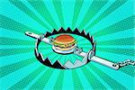 Iron trap with the Burger. concept of hunger and diet. Pop art retro vector illustration