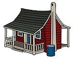 Hand drawing of a classic dark red scandinavian planked house