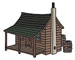 Hand drawing of a funny old planked wiskey distillery shack