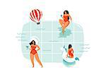 Hand drawn vector abstract cartoon summer time fun swimming young girls group collection illustrations isolated on blue swimming pool waves background