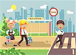 Stock vector illustration cartoon characters children, observance traffic rules, boys and girl schoolchildren classmates go to road pedestrian crossing, bus stop background, back to school flat style