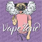 Dog vector vape concept. Dog smoking or vaping an electronic cigarette, in human suit. With inscription vape zone