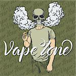 Skull vector vape concept. Skull smoking or vaping an electronic cigarette, in human suit. With inscription vape zone