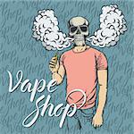 Skull vector vape concept. Skull smoking or vaping an electronic cigarette, in human suit. With inscription vape shop