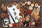 Chinese alternative medicine with herb selection and acupuncture needles, moxa sticks used in moxibustion therapy and calligraphy script on rice paper with feng shui coins. Translation reads as chinese alternative medicine.
