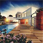 Exterior view of a modern villa with pool. 3D rendering