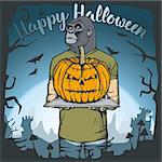 Vector illustration of monkey celebrating Halloween. Monkey with Halloween pumpkin