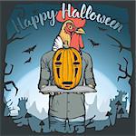 Vector illustration of rooster celebrating Halloween. Rooster with Halloween pumpkin