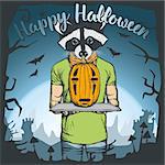 Vector illustration of raccoon celebrating Halloween. Raccoon with Halloween pumpkin