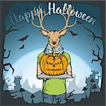 Vector illustration of deer celebrating Halloween. Deer with Halloween pumpkin