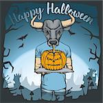 Vector illustration of bull celebrating Halloween. Bull with Halloween pumpkin