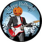 Vector Halloween scary pumpkin head man with the guitar. With lettering Happy Halloween