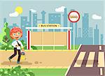 Stock vector illustration cartoon characters child, observance traffic rules, lonely redhead boy schoolchild, pupil go to road pedestrian crossing on bus stop background, back to school in flat style