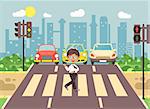 Stock vector illustration cartoon character child, observance traffic rules, lonely brunette boy schoolchild schoolboy go to road pedestrian zone crossing, city background back to school flat style