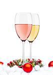 White and rose wine glasses decoration on white background
