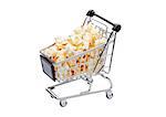 Popcorn salty sweet snack in shopping carton white background