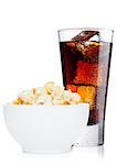 Popcorn salty sweet snack in white bowl with cola soda drink on white background