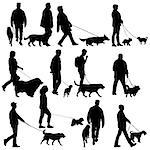 Set silhouette of people and dog on a white background.