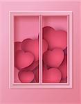 Concept of  love and Valentine day,many heart in the frame  behind window,paper art style.