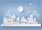 Winter Snow Urban Countryside Landscape City Village with full moon,Happy new year and Merry Christmas,paper art and craft style.
