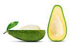 Isolated avocado. Two halves of fresh avocado fruit with seed and leaf isolated on white background